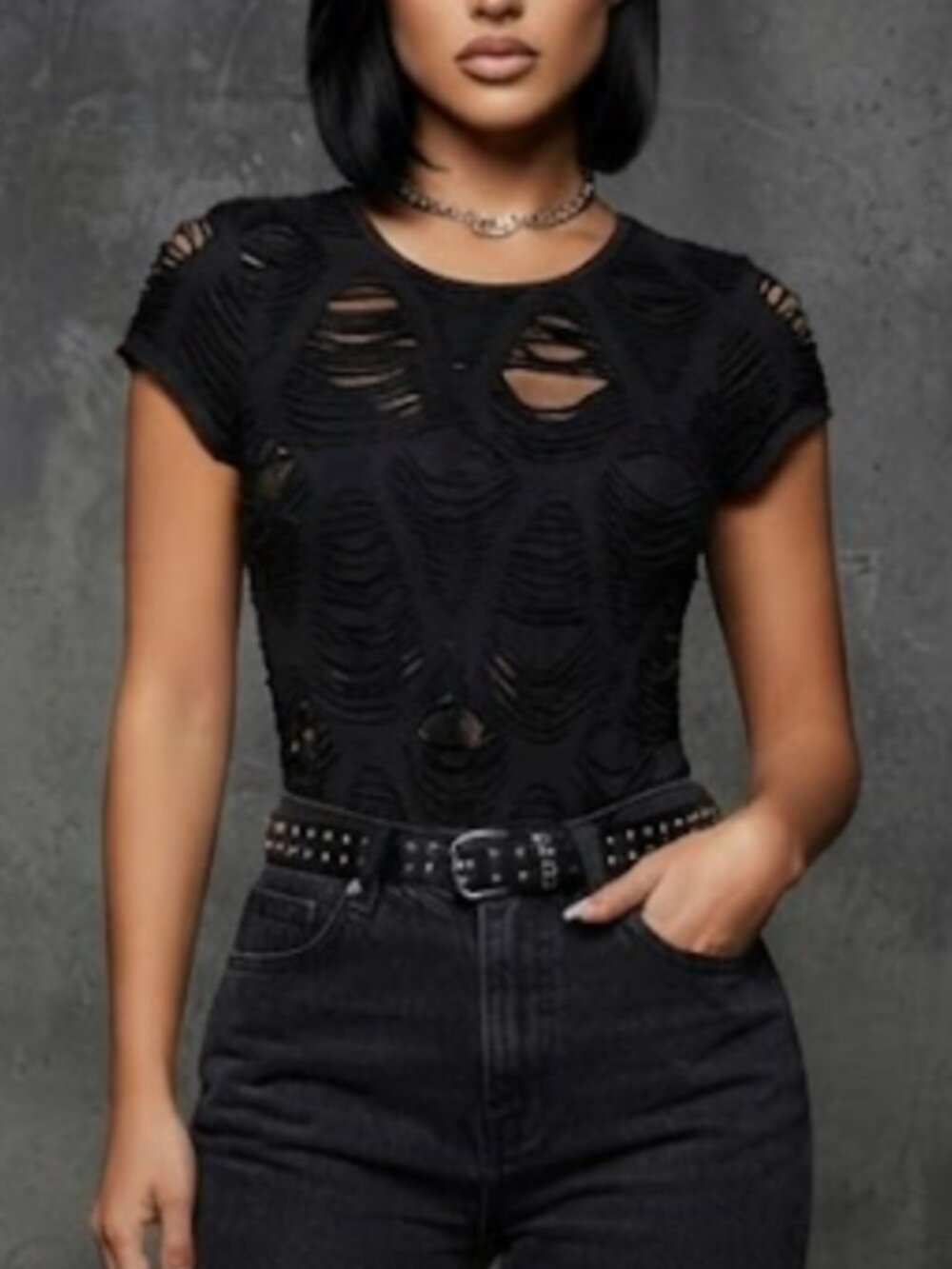 Fashion Nova Black Distressed Short Sleeve Bodysuit, Size S